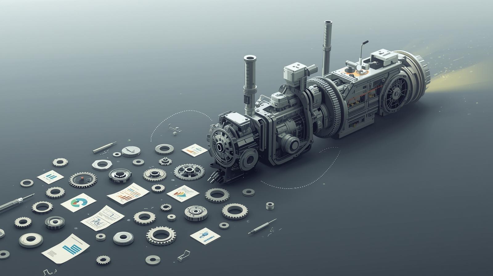 Complex mechanical device with gears, blueprints, and charts scattered around.
